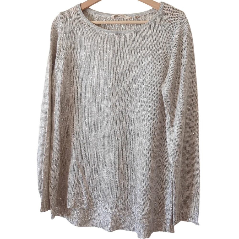 Soft Surroundings Sweater Womens Large Open Knit Top Silver Mitzi Sequin Dressy